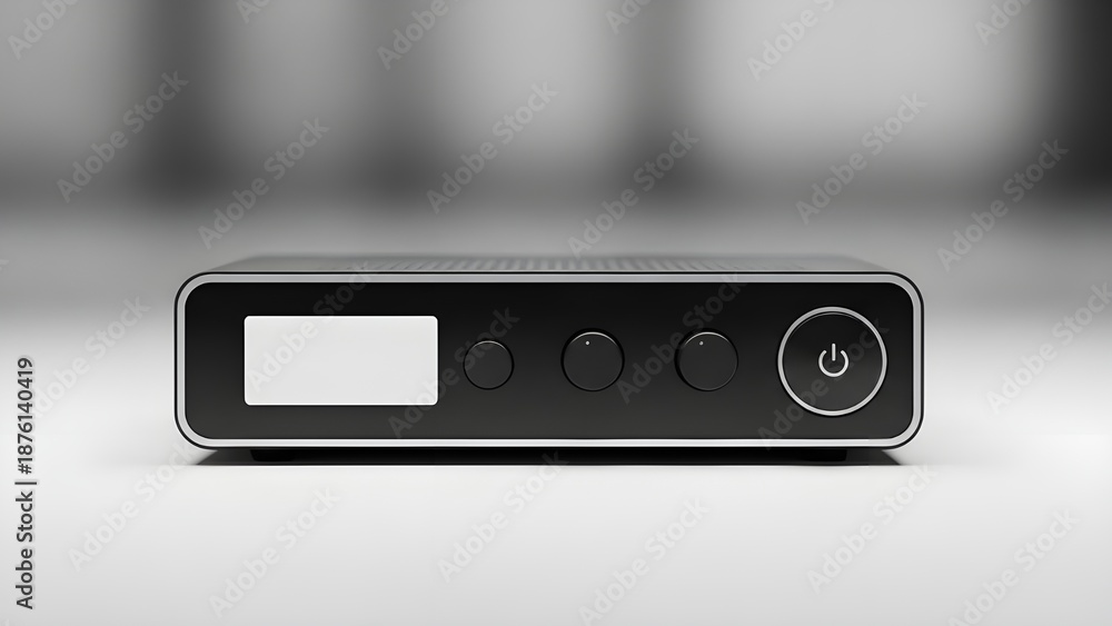Fototapeta premium Sleek black compact digital media receiver with a clear display and essential control buttons, symbolizing advanced home entertainment technology and modern electronic design