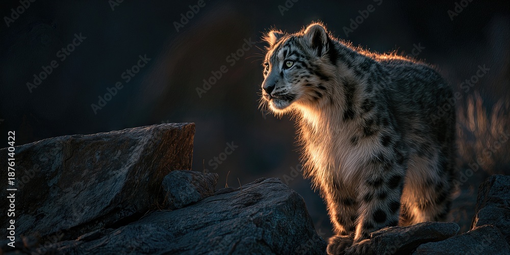 Obraz premium Golden Gaze: A captivating portrait of a snow leopard bathed in golden light, standing proudly on a rocky outcrop, observing the serene landscape.