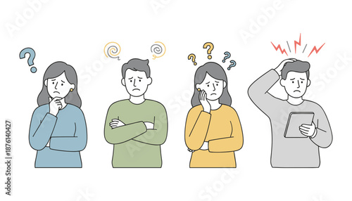 Confused and stressed people group with question marks and symbols