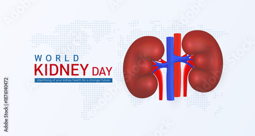World kidney day. Red human kidney on world map white background. Poster banner for medical or health care social media advertising. Vector illustration.