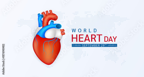 World heart day september 29th. Red human heart on world map white background. Poster banner for medical or health care social media advertising. Vector illustration.