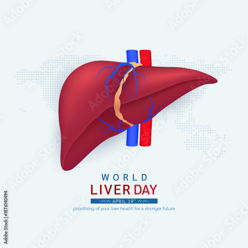 World liver day april 49th. Red human liver on world map white background. Poster banner for medical or health care social media advertising. Vector illustration.