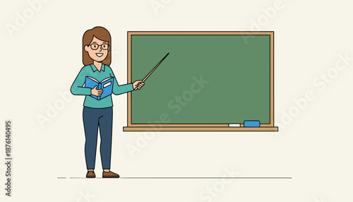 Female teacher pointing at chalkboard with book vector illustration