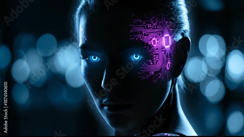 Wallpaper Mural Futuristic Woman with Glowing Blue Eyes and Digital Circuit Pattern on Face Symbolizing Artificial Intelligence and Technology Integration Torontodigital.ca