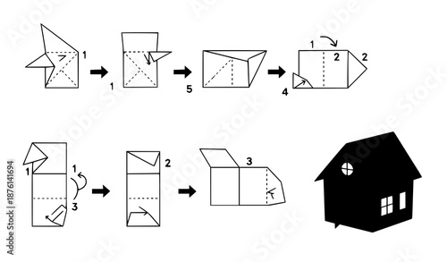 Kids Origami House Vector Illustration with Step-by-Step Paper Folding and DIY Instructions