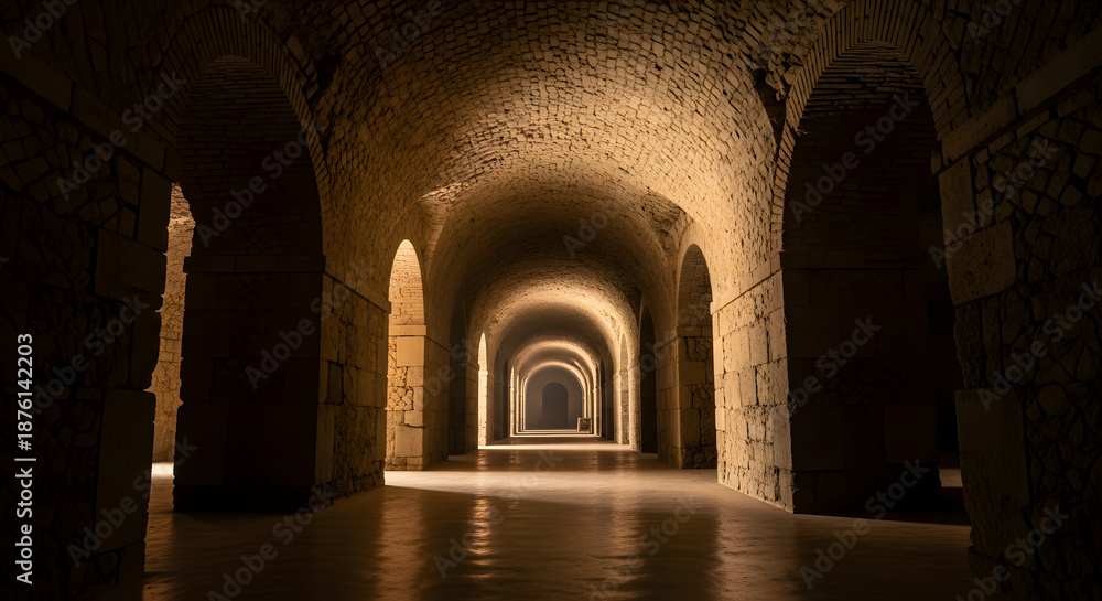 Fototapeta premium Vaulted stone corridor architecture in the ancient Roman ruins o