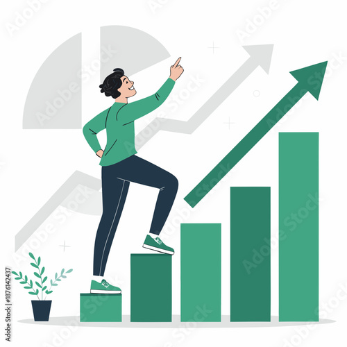 A person ascending a bar graph with an upward trend arrow