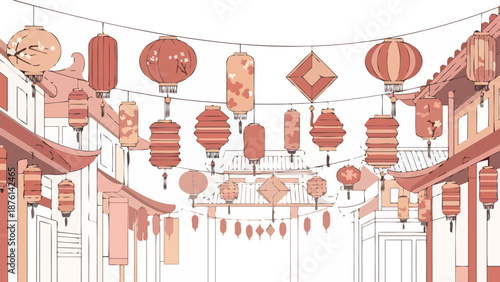 Traditional Asian Street Scene With Many Decorative Hanging Lanterns Illuminated Against Buildings And White Sky Background Full View