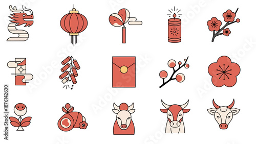 Collection of Chinese New Year Icons Featuring Dragon Lantern Firecracker Zodiac Animals And Traditional Decorations For Festive Celebrations