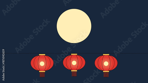 Celestial Body Shining Over Traditional Illuminated Red Lanterns Aligned in a Row Against a Deep Night Sky Background