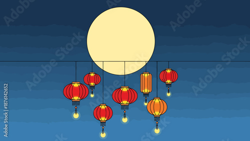 Celebratory Hanging Lanterns Illuminate The Night Sky Near Large Full Moon Festive Outdoor Decoration Atmosphere