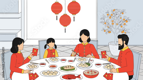 Family Gathering Embracing Lunar New Year Traditions With Festive Decor And Red Envelopes