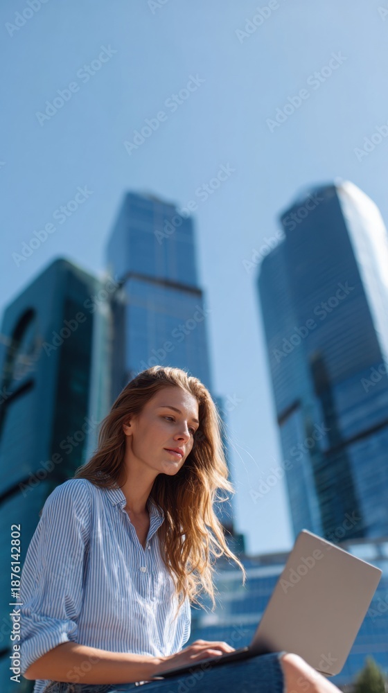 Fototapeta premium Young Woman Working on Laptop Outdoors with Modern City Skyline Background