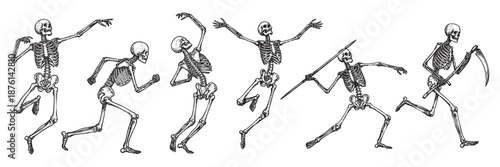 Skeletons Dancing Running and Throwing Spear engraving vector illustration