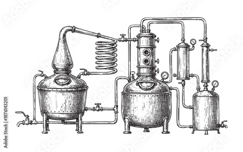 Copper Distilling machine engraving vector illustration