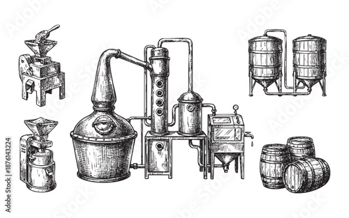 Brewing and Distilling Equipment Including Still and Barrels engraving vector illustration