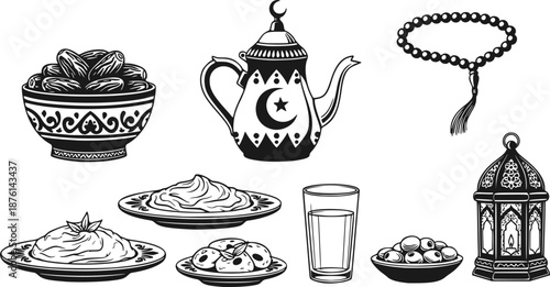 Ramadan Iftar Dining Table Vector Setup - Dates Bowl Arabic Tea Kettle Prayer Beads Contemporary Flat Design Food Brand Restaurant Social Media Campaign