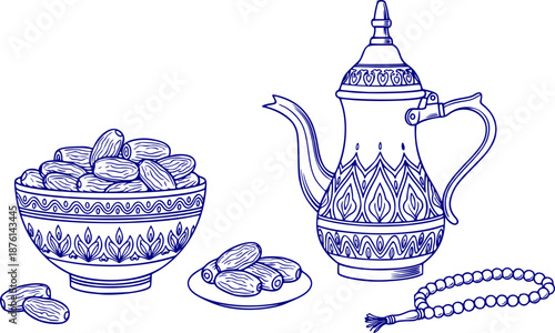 Ramadan Iftar Dining Table Vector Setup - Dates Bowl Arabic Tea Kettle Prayer Beads Contemporary Flat Design Food Brand Restaurant Social Media Campaign