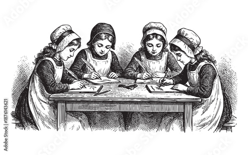 Vintage Illustration of victorian Girls Studying and Writing at Desk engraving