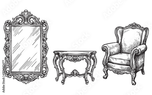Vintage Furniture Set Ornate Mirror Table and Chair engraving vector illustration