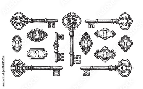 Ornate Skeleton Keys and Keyholes set engraving vector illustration