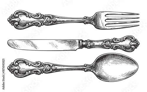 Ornate Silverware Knife Fork and Spoon engraving vector illustration