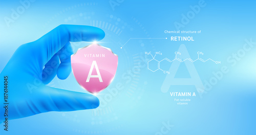 Doctor's hand in blue gloves holding pink vitamin A shield on blue background. With chemical structure of Retinol. Medical science concept. Vector.