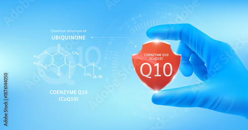 Doctor's hand in blue gloves holding red coenzyme Q10 shield on blue background. With chemical structure of Ubiquinone. Medical science concept. Vector.