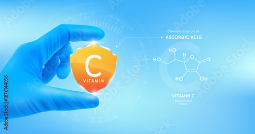 Doctor's hand in blue gloves holding orange vitamin c shield on blue background. With chemical structure of Ascorbic Acid. Medical science concept. Vector.