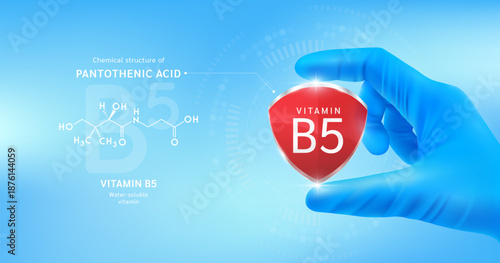 Doctor's hand in blue gloves holding red vitamin B5 shield on blue background. With chemical structure of Pantothenic acid. Medical science concept. Vector.