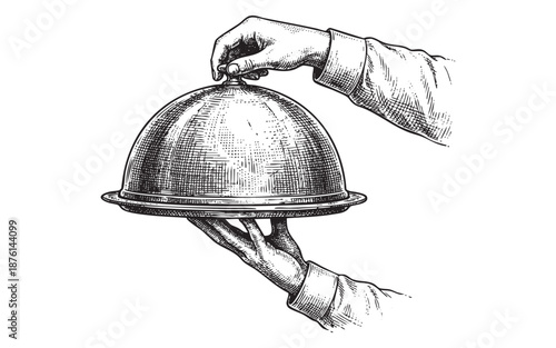 Waiter's Hands Holding Silver Cloche and Serving Platter engraving vector illustration