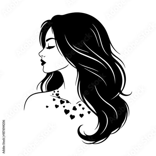 Illustration of a woman with long hair and hearts around her neck