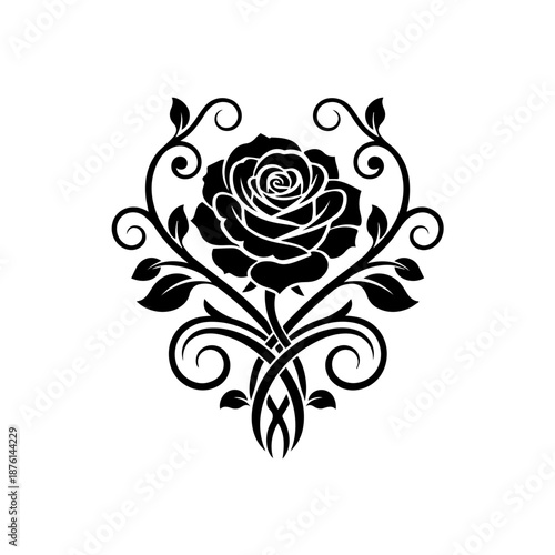 An elegant black rose illustration with intricate floral designs and swirling patterns on a white background