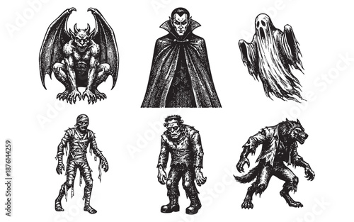 Horror Monsters set engraving vector illustration 