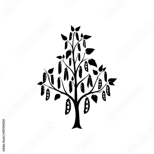A serene illustration of a tree with leaves and pods in a simple black and white design
