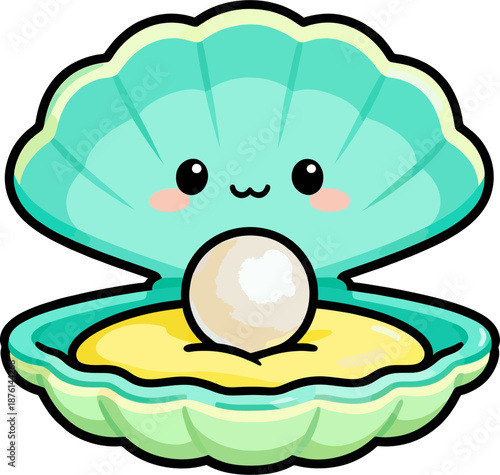 Super cute kawaii cartoon turquoise seashell character open with happy eyes smile blush, shiny white pearl inside yellow interior, adorable ocean mascot vector for beach themes