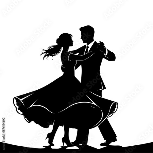 Couple dancing waltz together in elegant attire on a grand ballroom floor