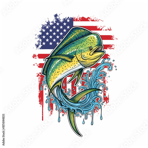 Mahi mahi dorado fish jumping with splash water and American flag background
