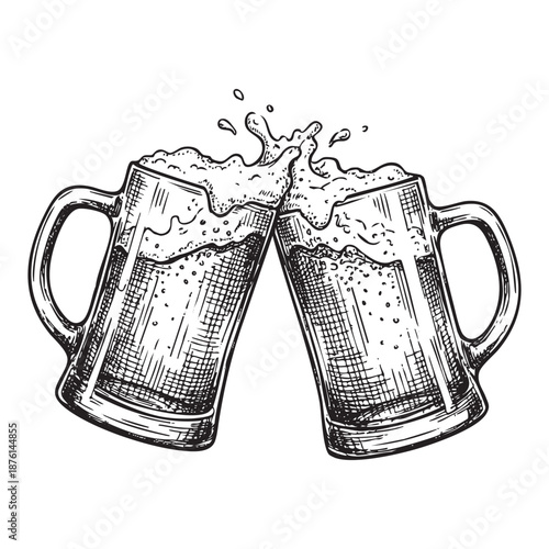 Two Beer Mugs Clinking Toast engraving vector illustration