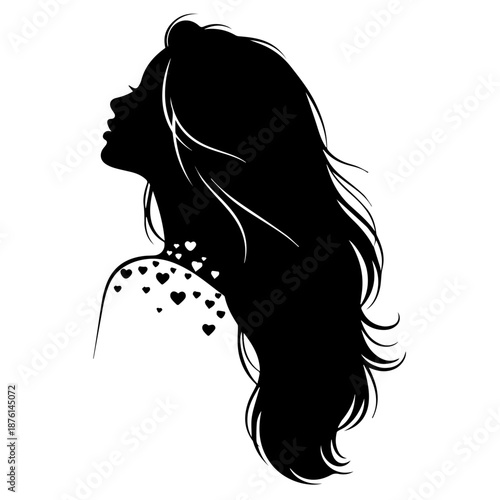 Silhouette of a woman with flowing hair and hearts surrounding her shoulder