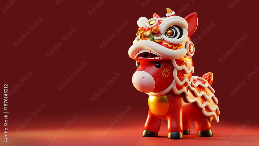 Naklejka premium Red horse wearing lion mask embodies Chinese New year. Cultural design features gold details, vibrant colors, perfect Chinese New year. Ideal holiday greetings, promotions, auspicious marketing.