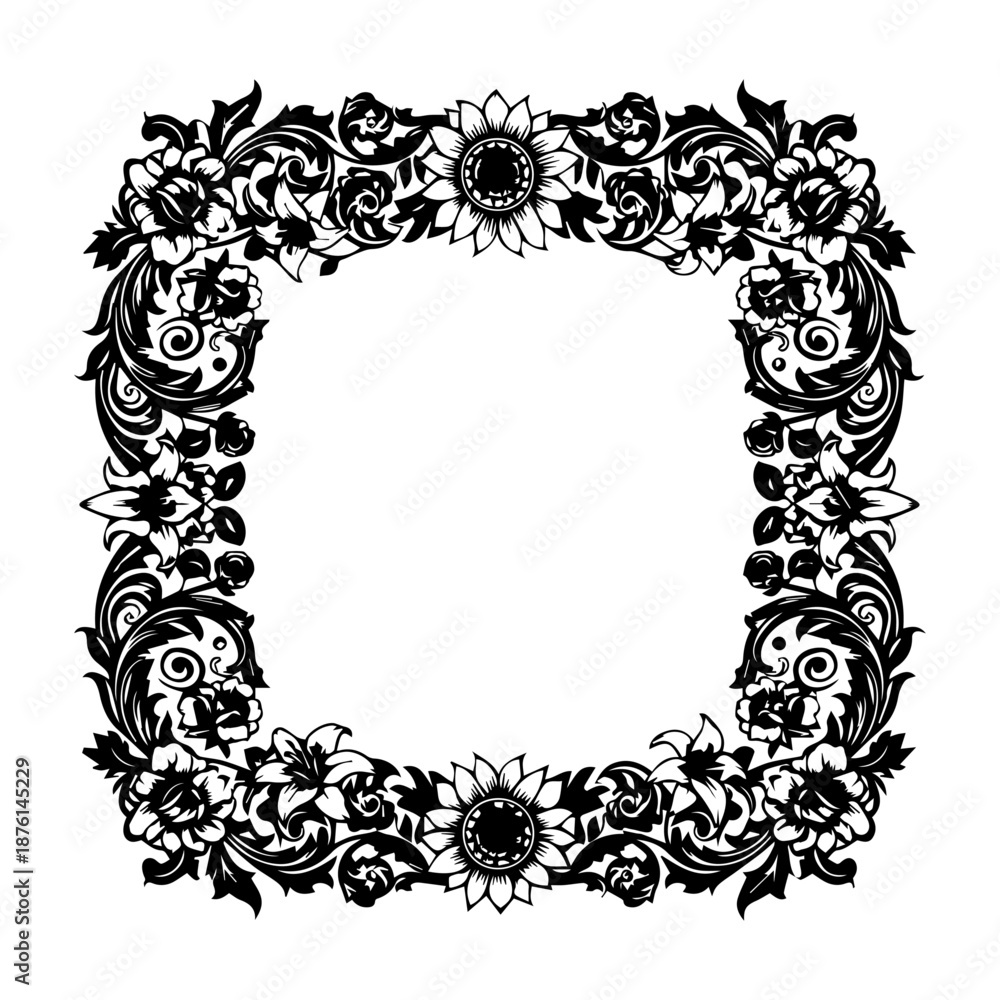 Obraz premium Ornate floral border illustration featuring flowers and leaves in a square frame