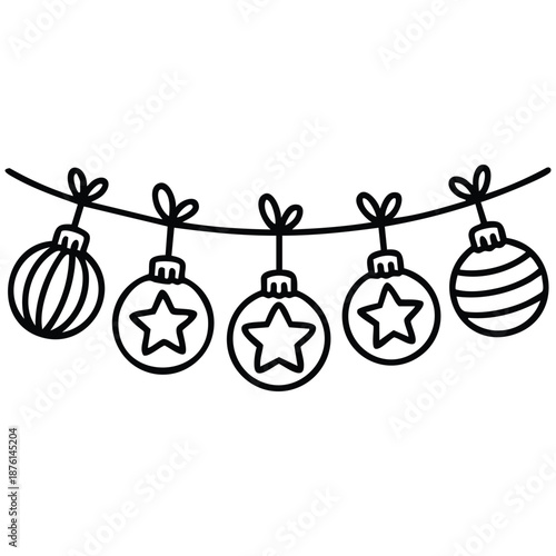 Hanging Christmas decorations and festive toys doodle vector illustration isolated on white background