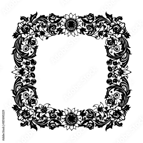 Ornate floral border illustration featuring flowers and leaves in a square frame