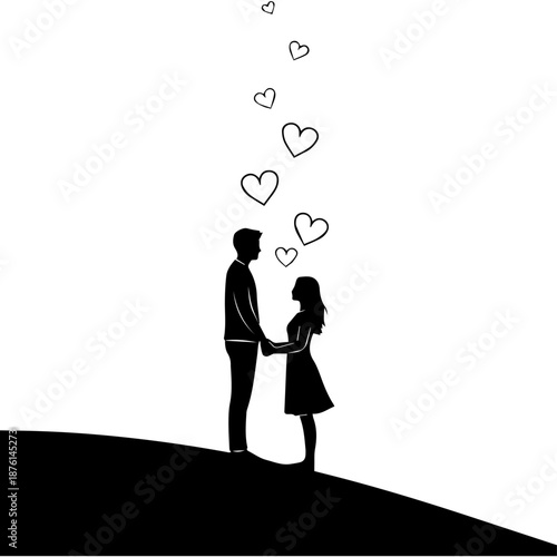 Couple holding hands on hill with floating hearts around them