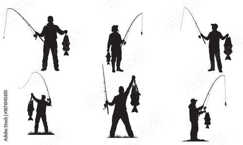 Collection of diverse fisherman silhouettes celebrating their impressive fish catches, highlighting the joy and accomplishment of recreational angling on various terrains.