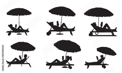 Diverse silhouettes of individuals enjoying a book on a beach lounger beneath a sun umbrella, capturing moments of serene relaxation and personal escape during summer.