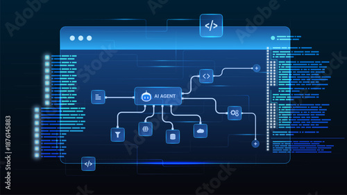 AI workflow automation artificial intelligence. ai agent network diagram dashboard machine learning flow process, coding and automation system.