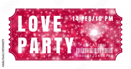Love party ticket template for valentine's day.  Design layout for invitations, promotions, marketing materials for clubs, bars, or romantic celebrations. Hand drawn vector illustration.