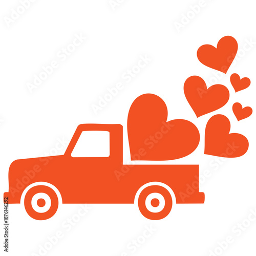 Valentines Day vintage red truck with love hearts vector illustration isolated on white background